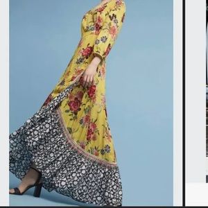 Anthropologie Farm Rio Floral Maxi Wrap Yellow Dress size Small